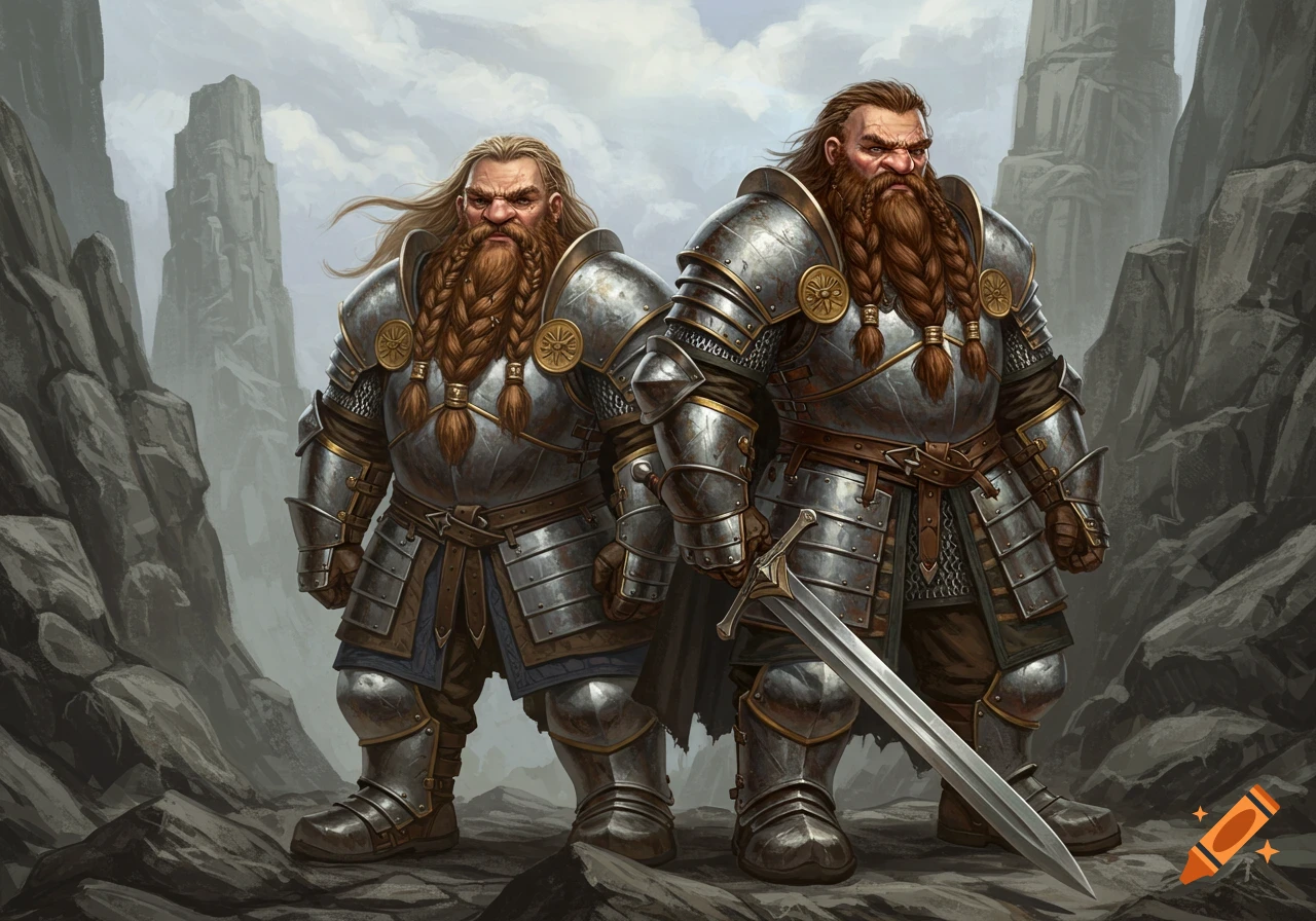 Two armored dwarf warriors with long braided beards stand on rocky terrain, one holding a sword, in a fantasy art style.