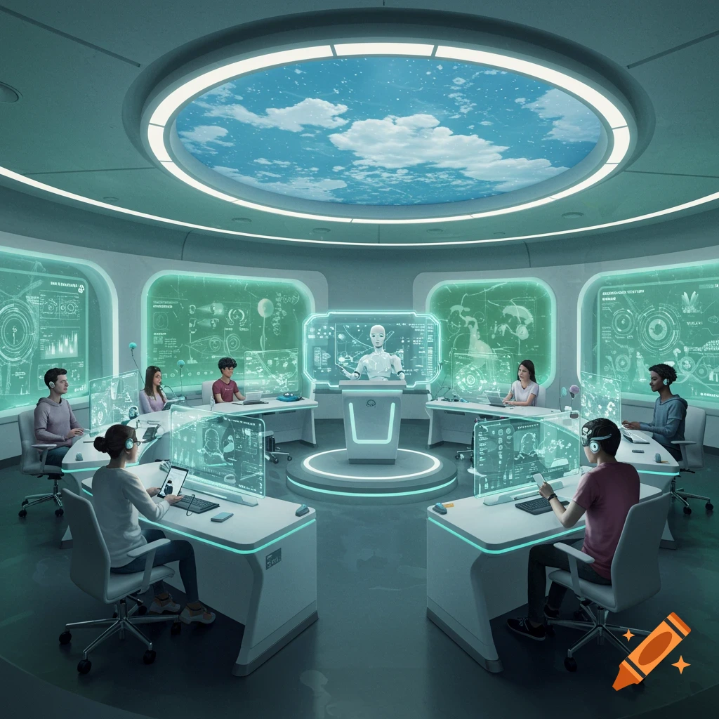 A futuristic classroom with several students at desks using holographic screens, while a white robot stands at a central podium. The ceiling displays a sky with clouds.