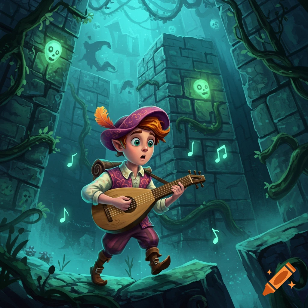 A cartoon bard with a lute walks through an eerie, dark labyrinth with glowing skulls and vines in a fantasy art style.