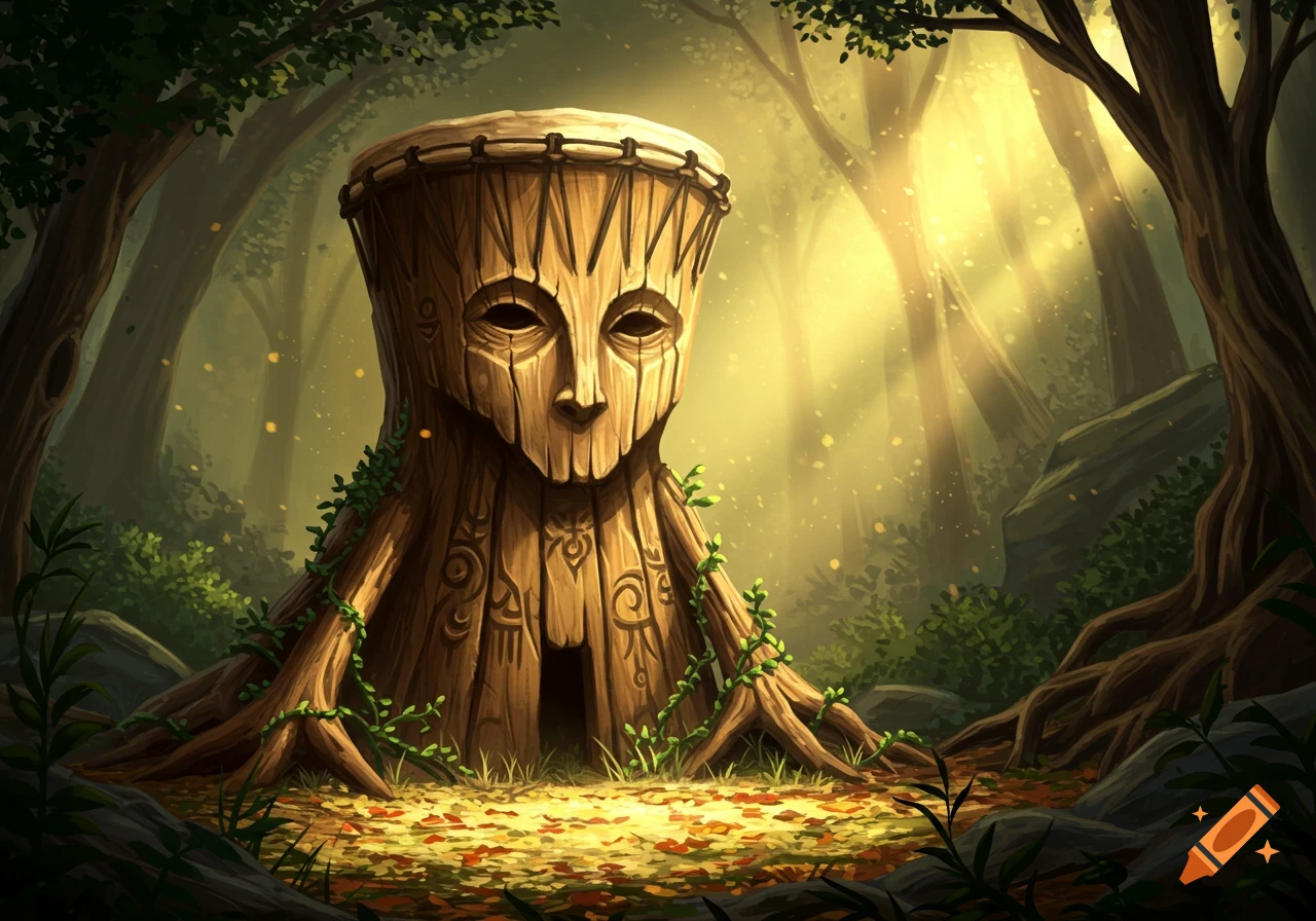 A large, anthropomorphic wooden drum-like statue with a carved face stands in a sun-dappled, ancient forest with light filtering through trees.