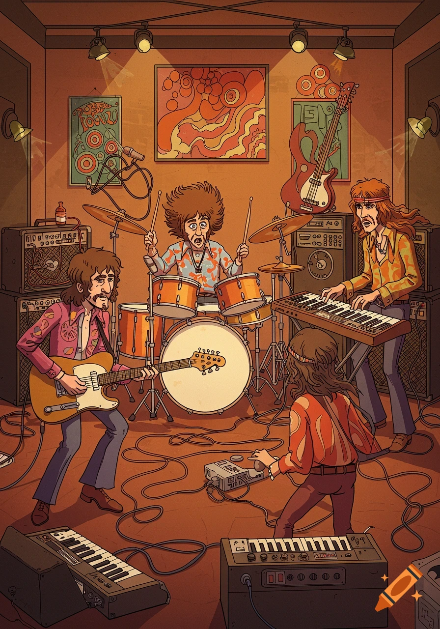 A cartoon illustration of a four-person 60s/70s rock band playing instruments in a cluttered practice room with amplifiers and cables.