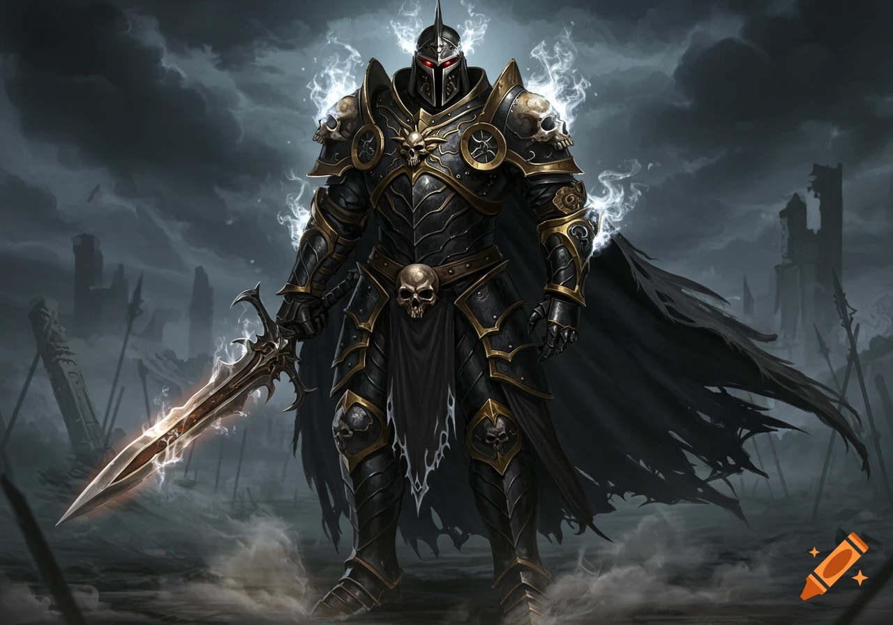 A formidable death knight in black and gold skull armor with red eyes, a glowing sword, and white aura stands in a desolate, stormy landscape.