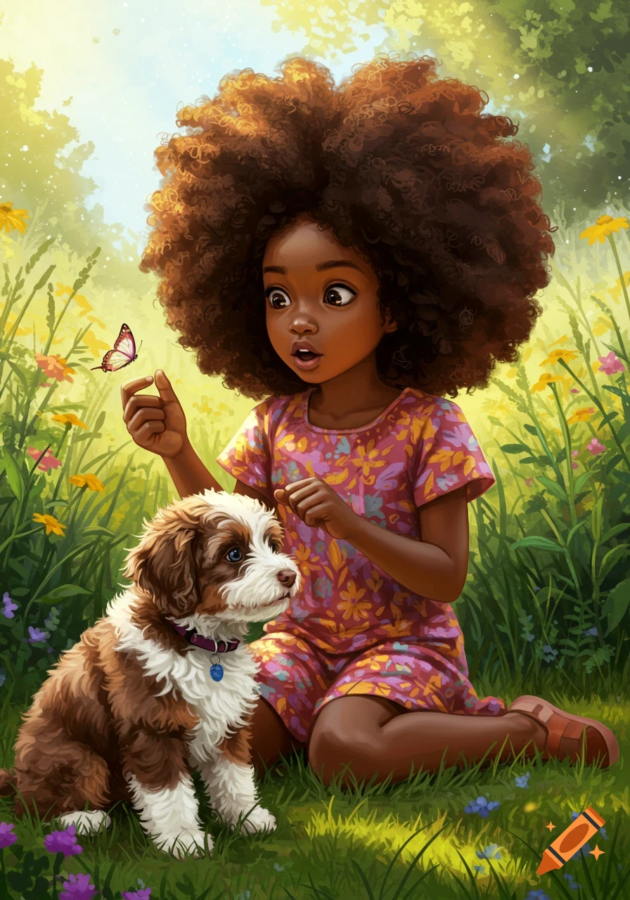 Vibrant illustration of a young Black girl with a large afro and her puppy, looking at a butterfly in a sunny field.