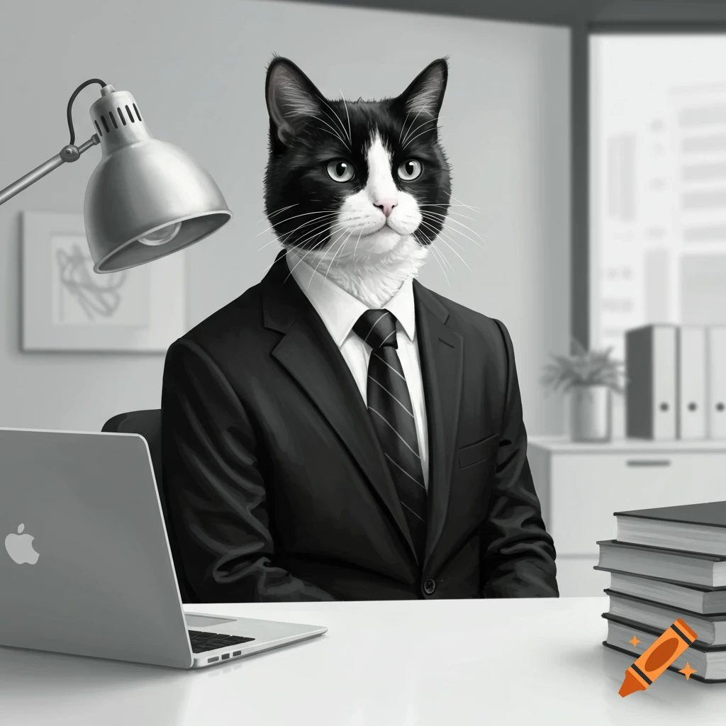 A photorealistic black and white cat in a suit and tie sits at a desk with a laptop and books in an office.
