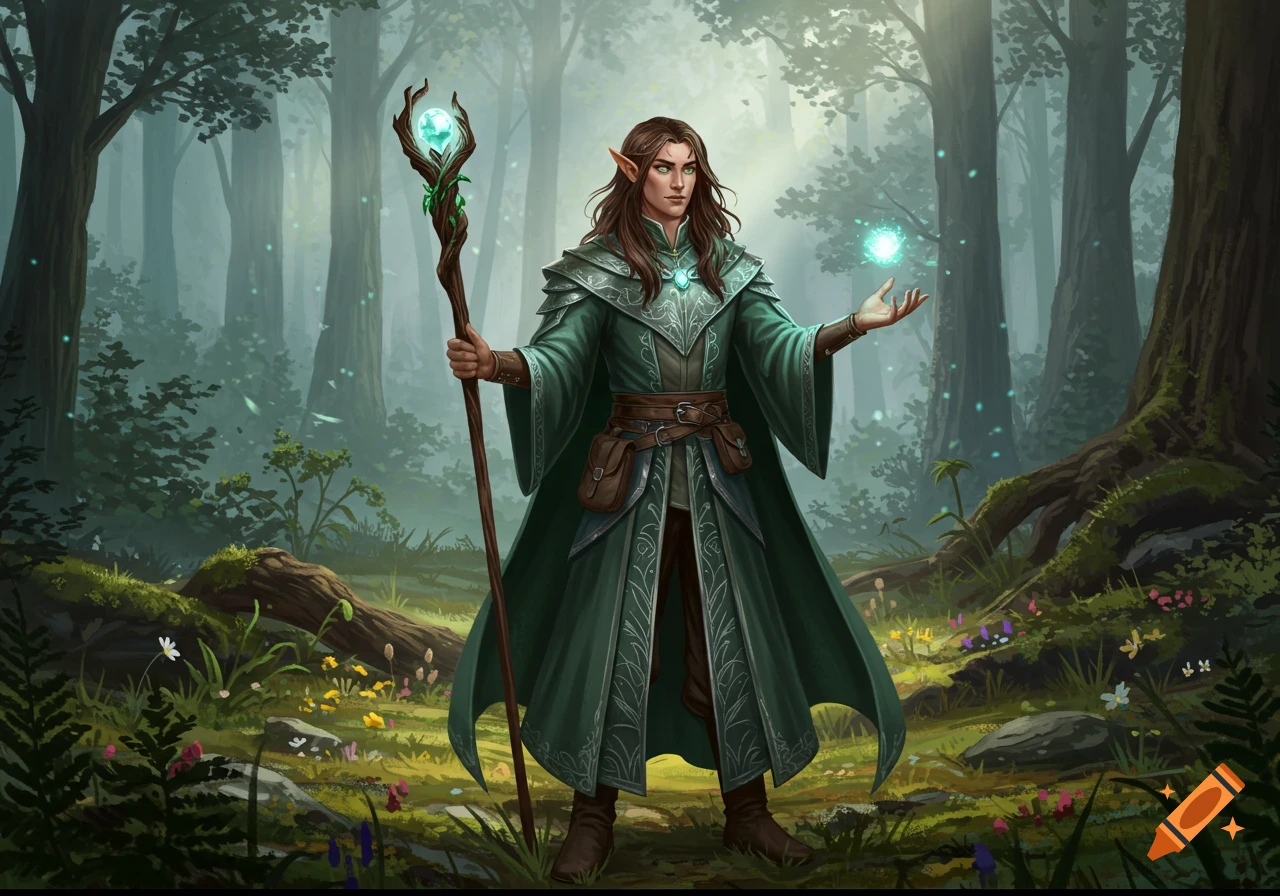 Androgynous elven wizard holding a glowing staff and casting magic in an enchanted forest, digital art.