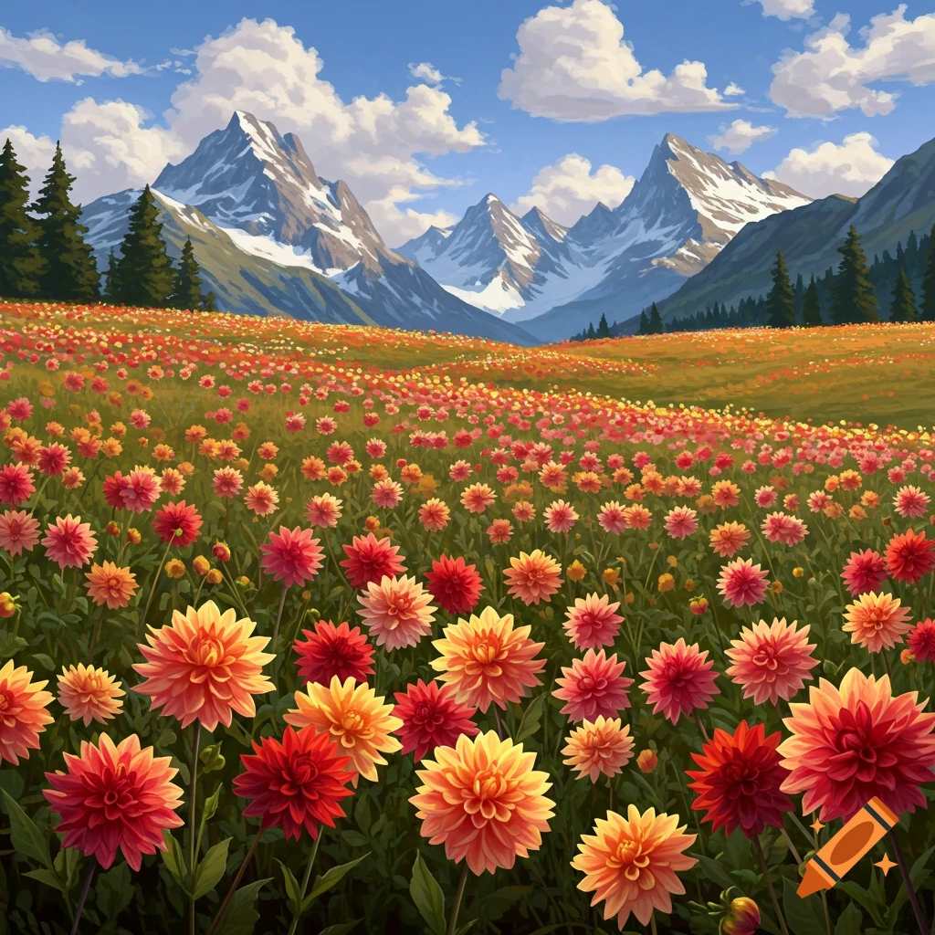 A vibrant field of red and orange dahlias stretches towards snow-capped mountains under a blue sky with white clouds.