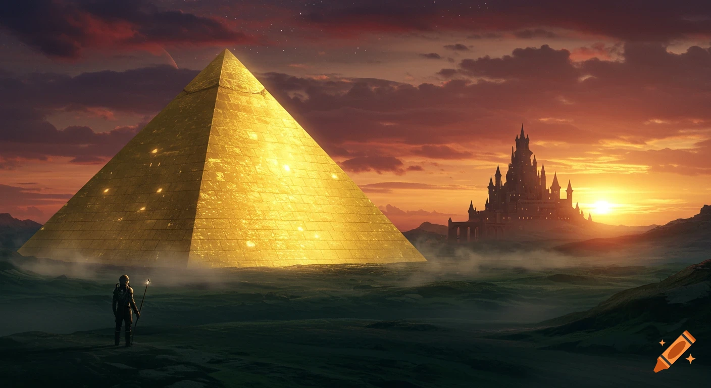 A lone figure stands before a massive golden pyramid on a dark green alien planet, with a distant castle and a red and purple sunset.
