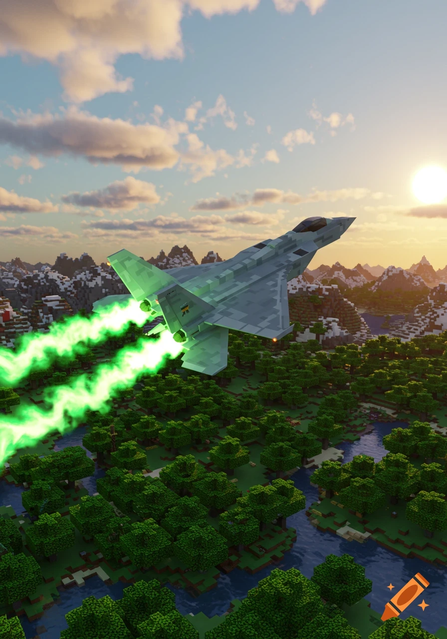 A blocky fighter jet with green exhaust flies over a pixelated Minecraft landscape of forests, river, and mountains at sunset.