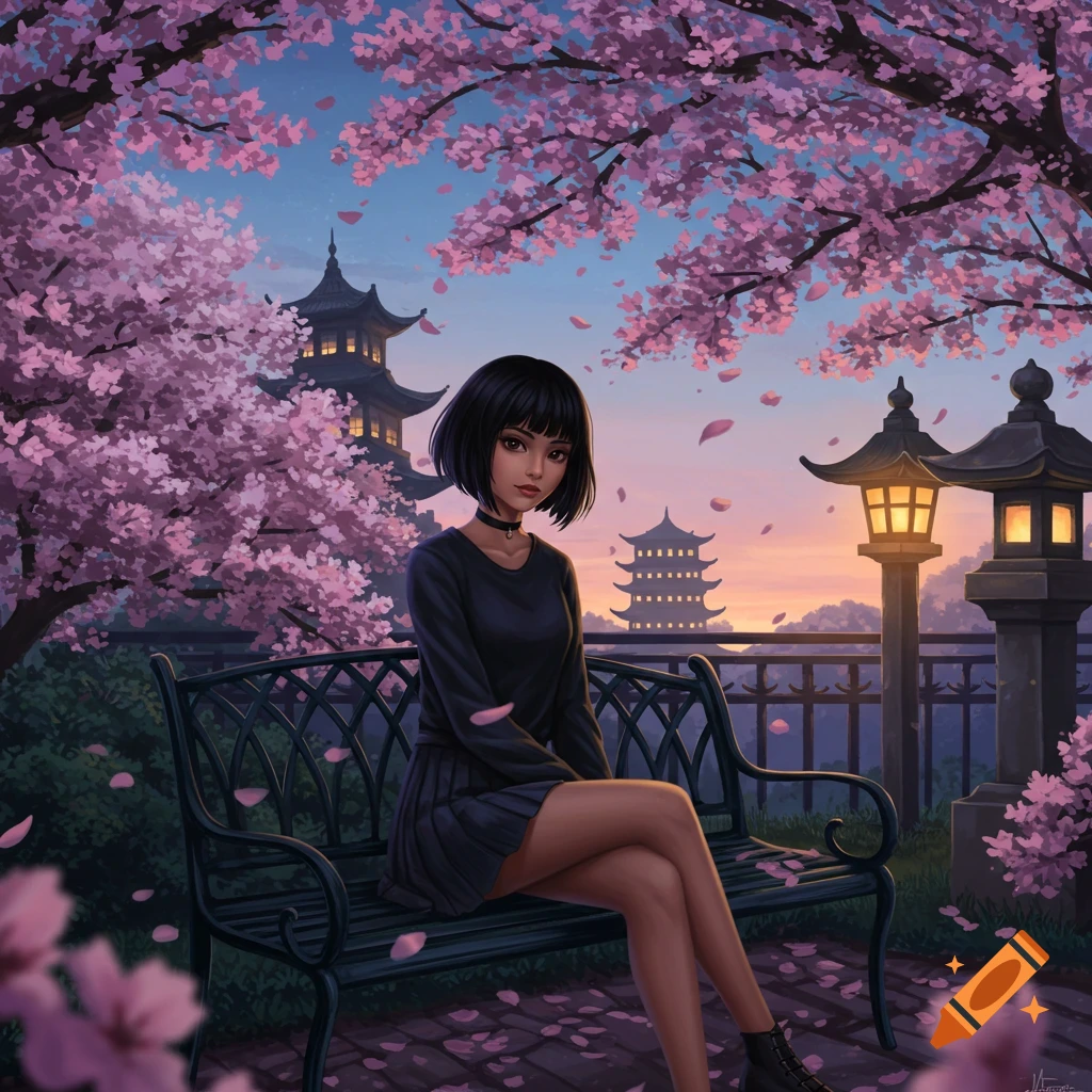 A black-haired girl with a bob cut sits on a bench amidst falling cherry blossoms, with traditional Japanese pagodas and lanterns at sunset in the background, digital art.
