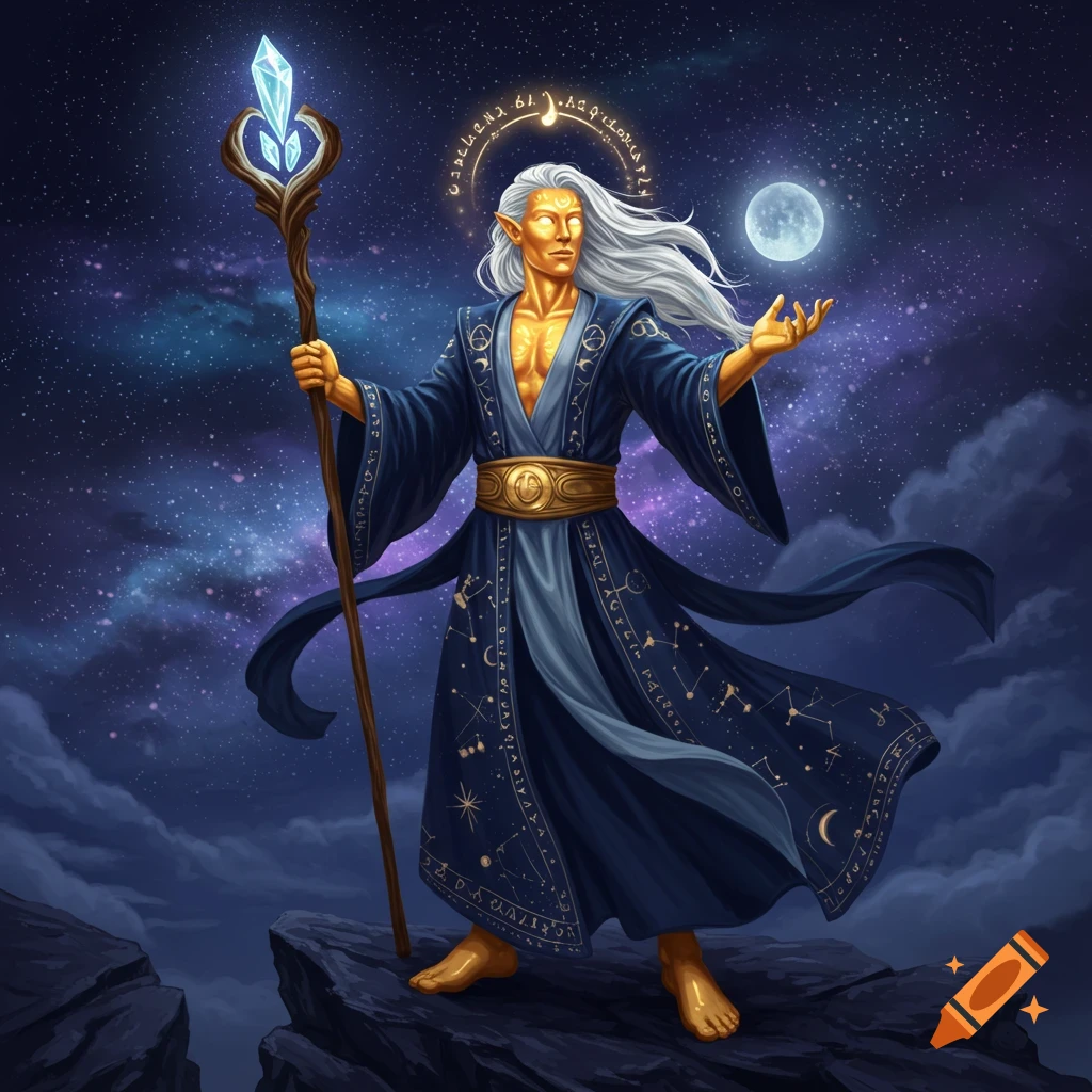 A gold-skinned wizard with long white hair and glowing eyes, wearing a dark blue robe adorned with constellations, stands on a cliff under a starry night sky with a full moon, holding a crystal staff.