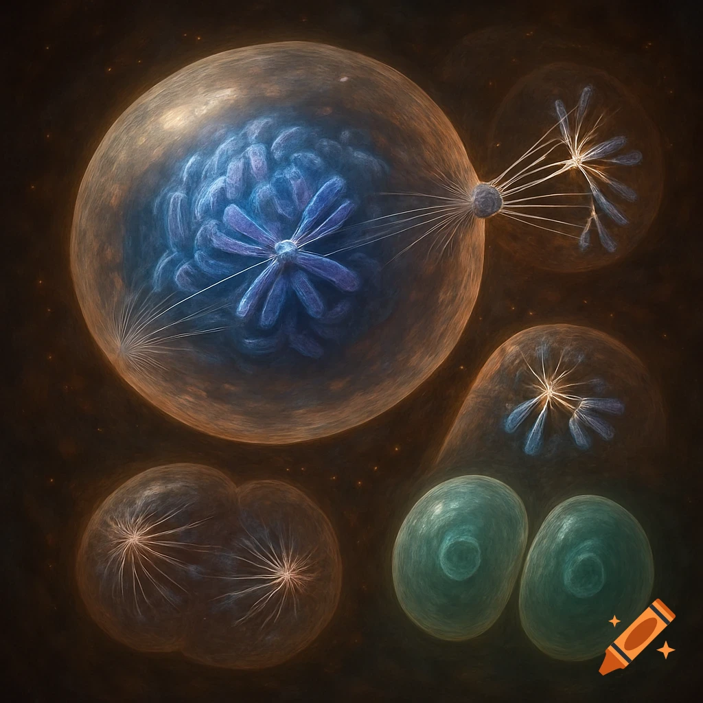 Abstract microscopic view of animal cells undergoing mitosis, showing chromosomes, spindle fibers, and centrioles.