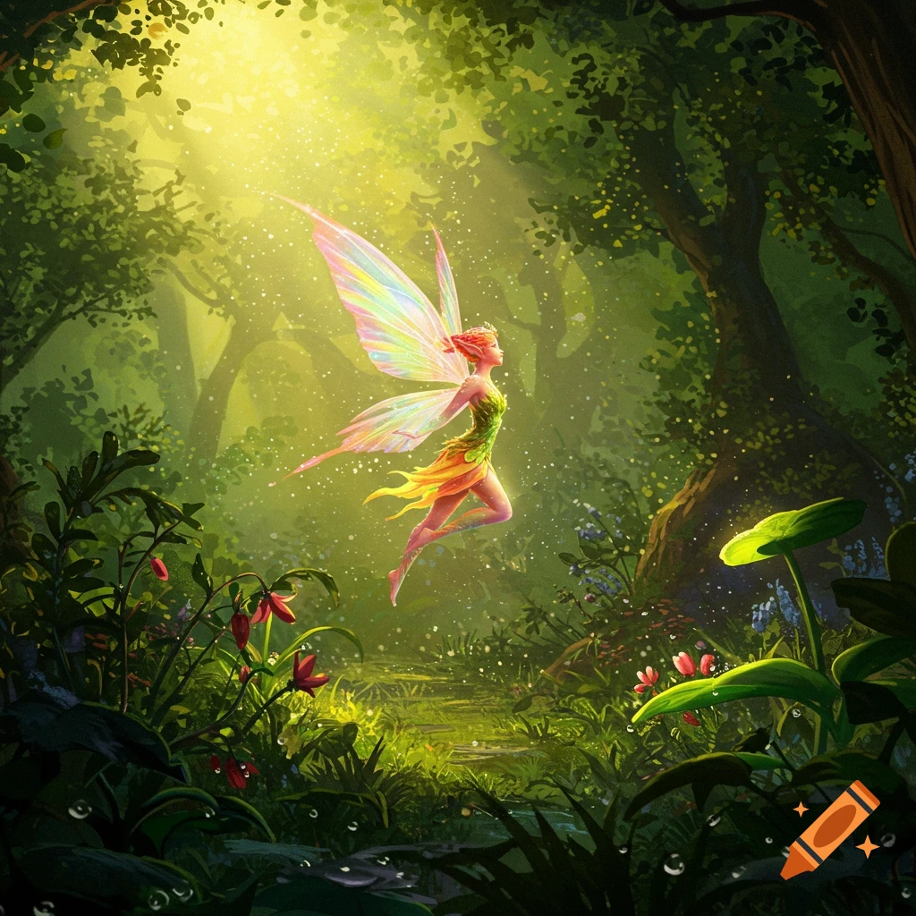 A beautiful fairy with rainbow wings and a green and orange dress flies in a sun-dappled magical green forest.