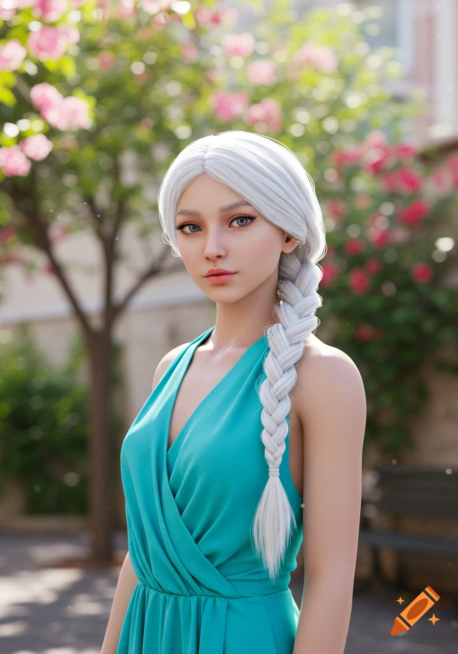 A young woman with a white braid and cyan dress stands outdoors in front of a tree with pink flowers.