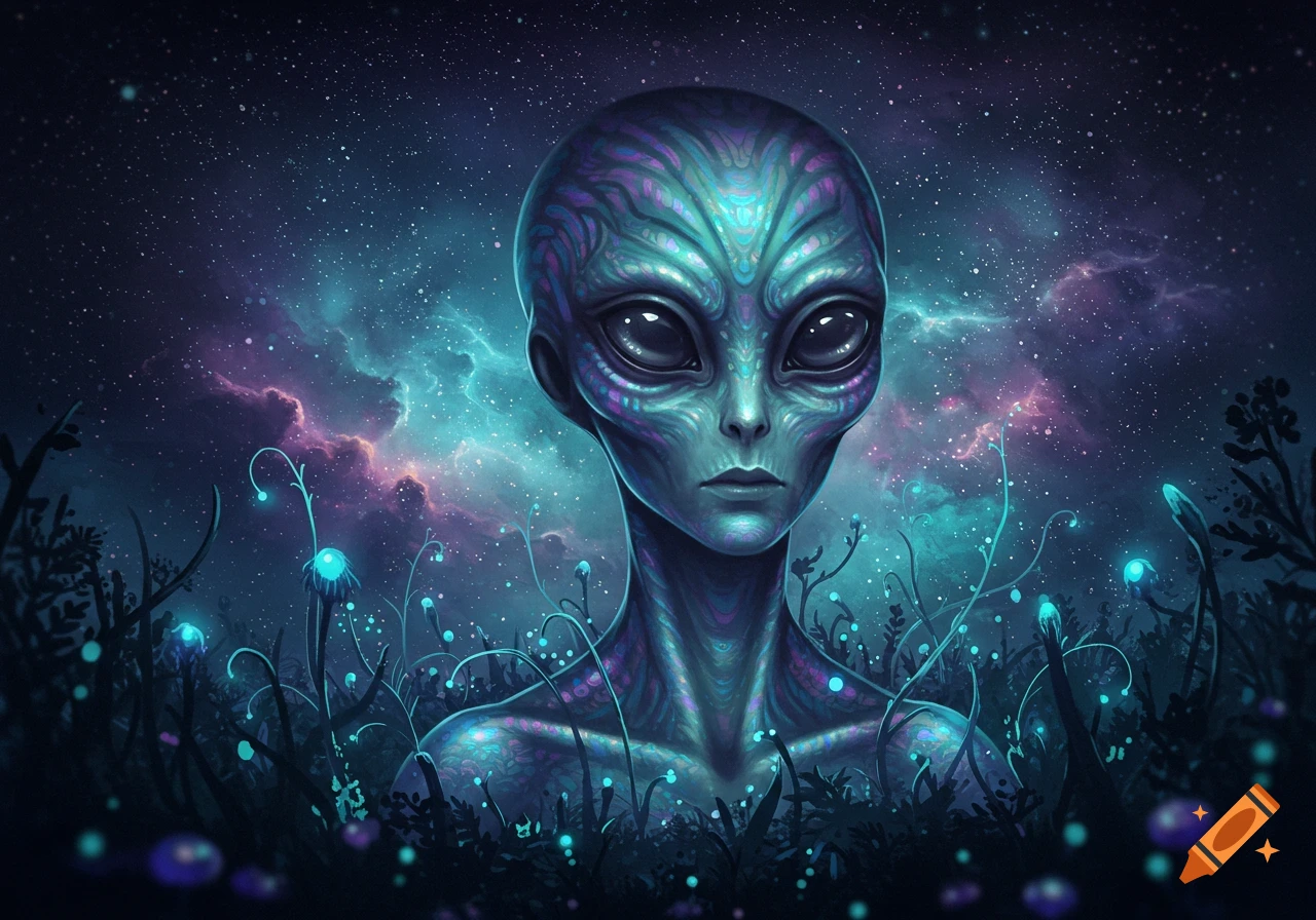 Close-up of a teal and purple alien with patterned skin against a starry nebula sky with glowing bioluminescent plants.