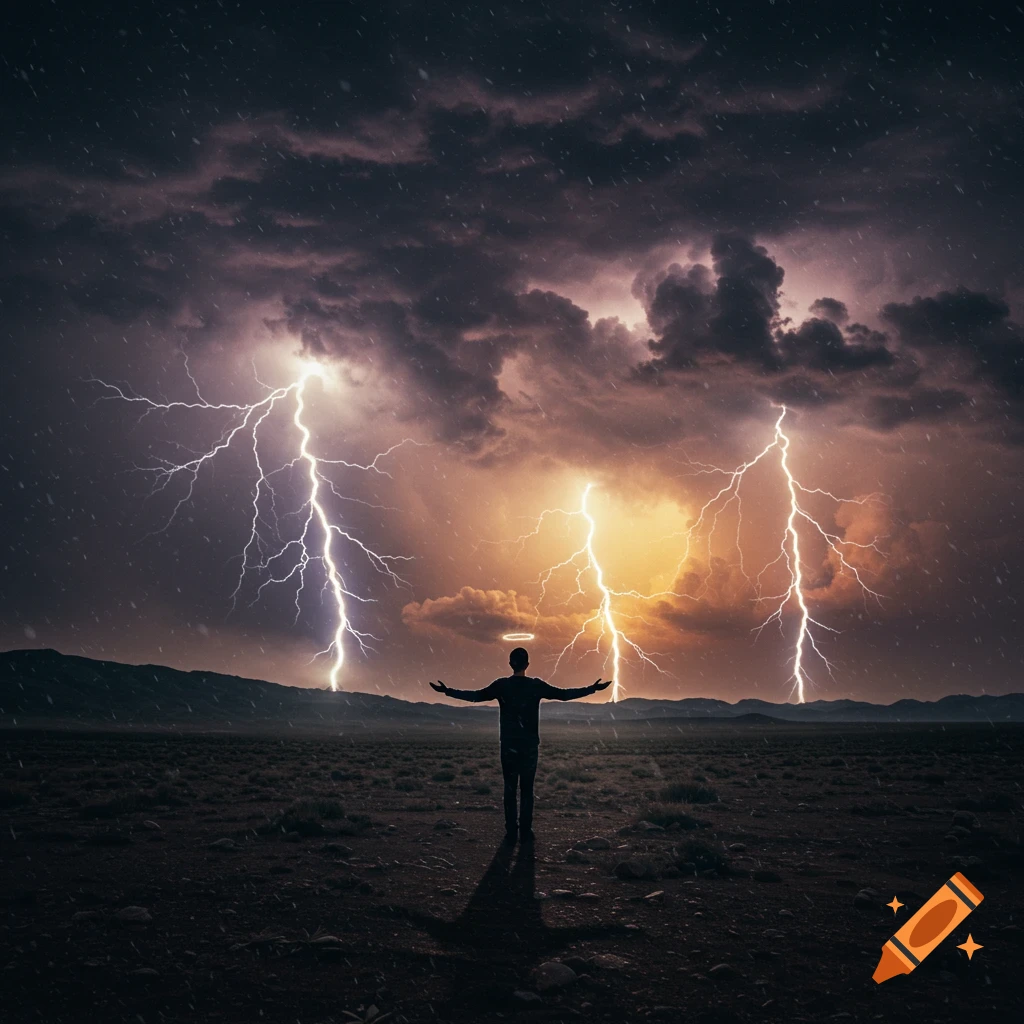 Silhouette of a person with a halo, arms outstretched, standing in a desolate field under a stormy sky with multiple lightning strikes.