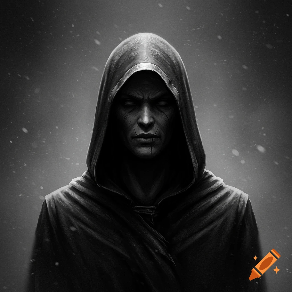 Monochromatic digital painting of a mysterious, hooded figure with a scarred face against a snowy background.