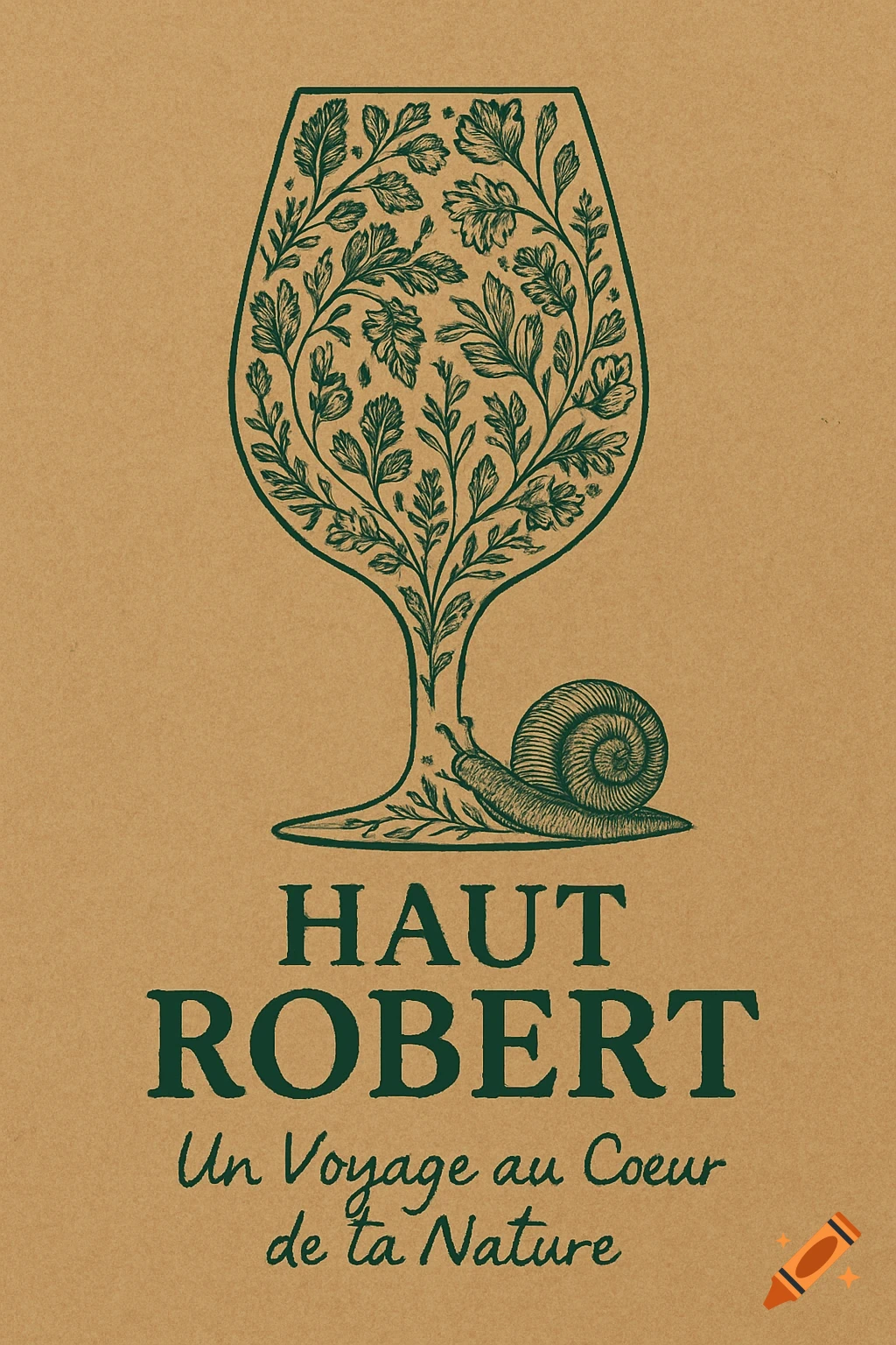 Stylized illustration of a wine glass filled with green leaves and a snail at its base, on a brown background. Text: 'Haut Robert' and 'Un Voyage au Coeur de la Nature'.