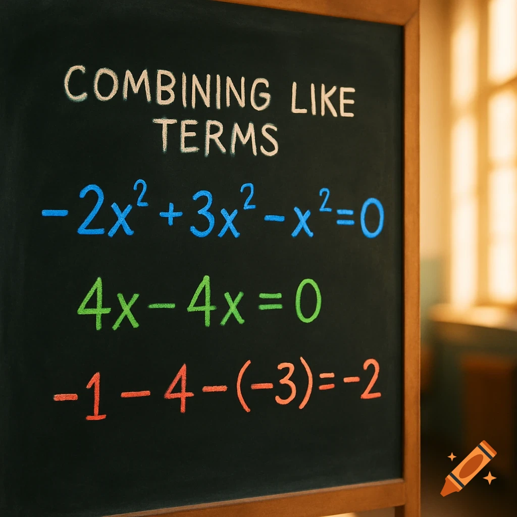 A blackboard displays "COMBINING LIKE TERMS" in white chalk, followed by three math equations in blue, green, and red chalk. A blurred window is visible in the background.