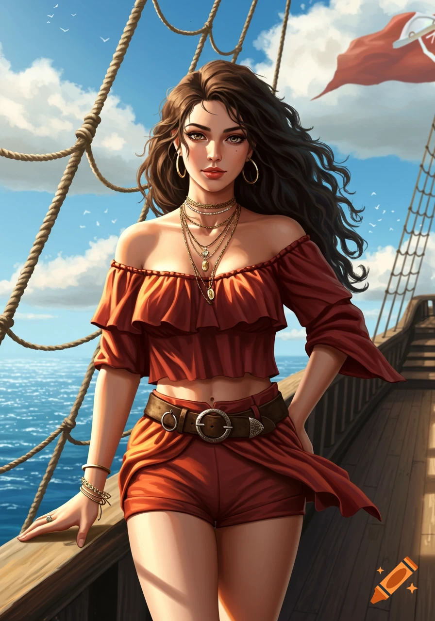 A confident young woman with dark wavy hair in a reddish-orange outfit stands on a pirate ship deck. Digital painting style.