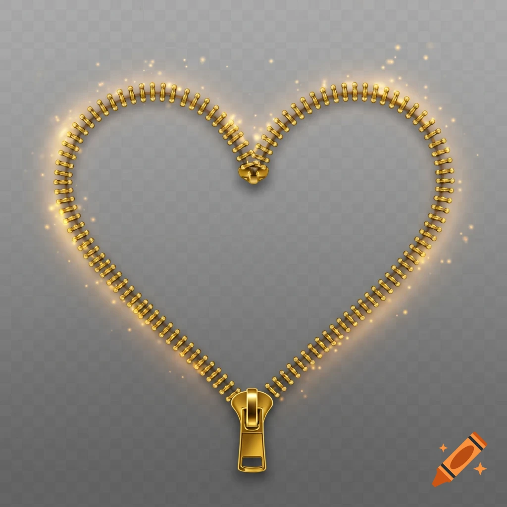 A shimmering golden zipper forms a heart shape on a transparent background, with soft golden light radiating from its teeth.