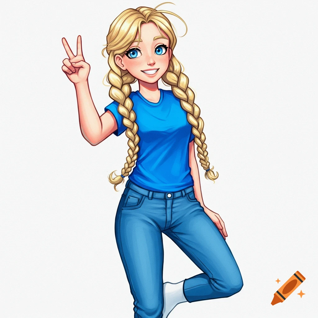 Anime girl with blonde braids, blue eyes, blue shirt, and jeans doing a peace sign.