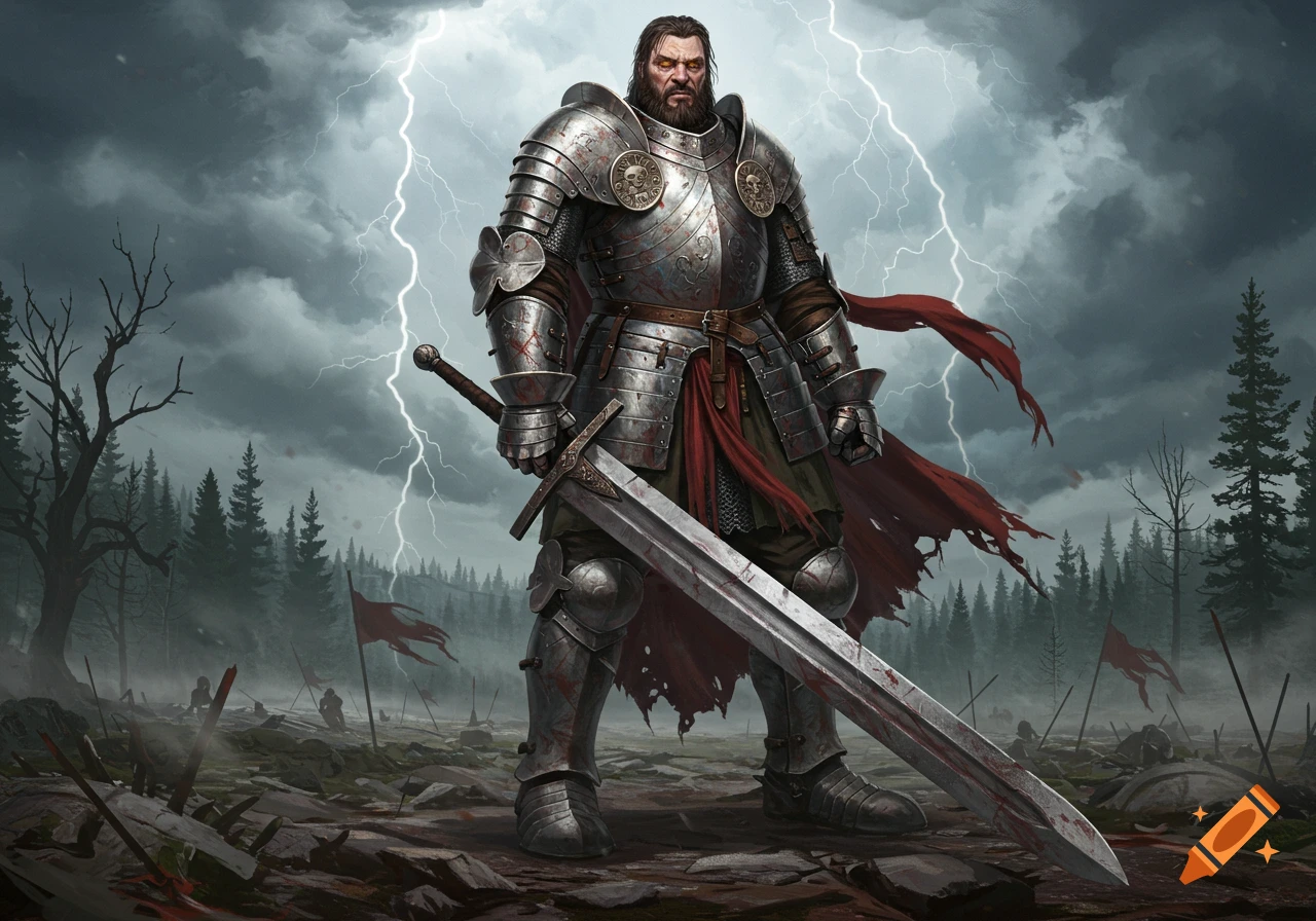 Heavily armored warrior with a large sword stands on a desolate battlefield under a stormy sky with lightning.