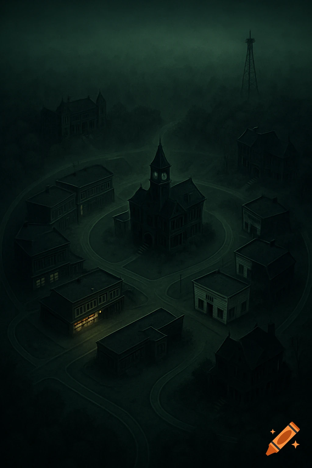 An eerie, dark, aerial view of a circular town in a greenish fog with a central clock tower, surrounded by dense forest.