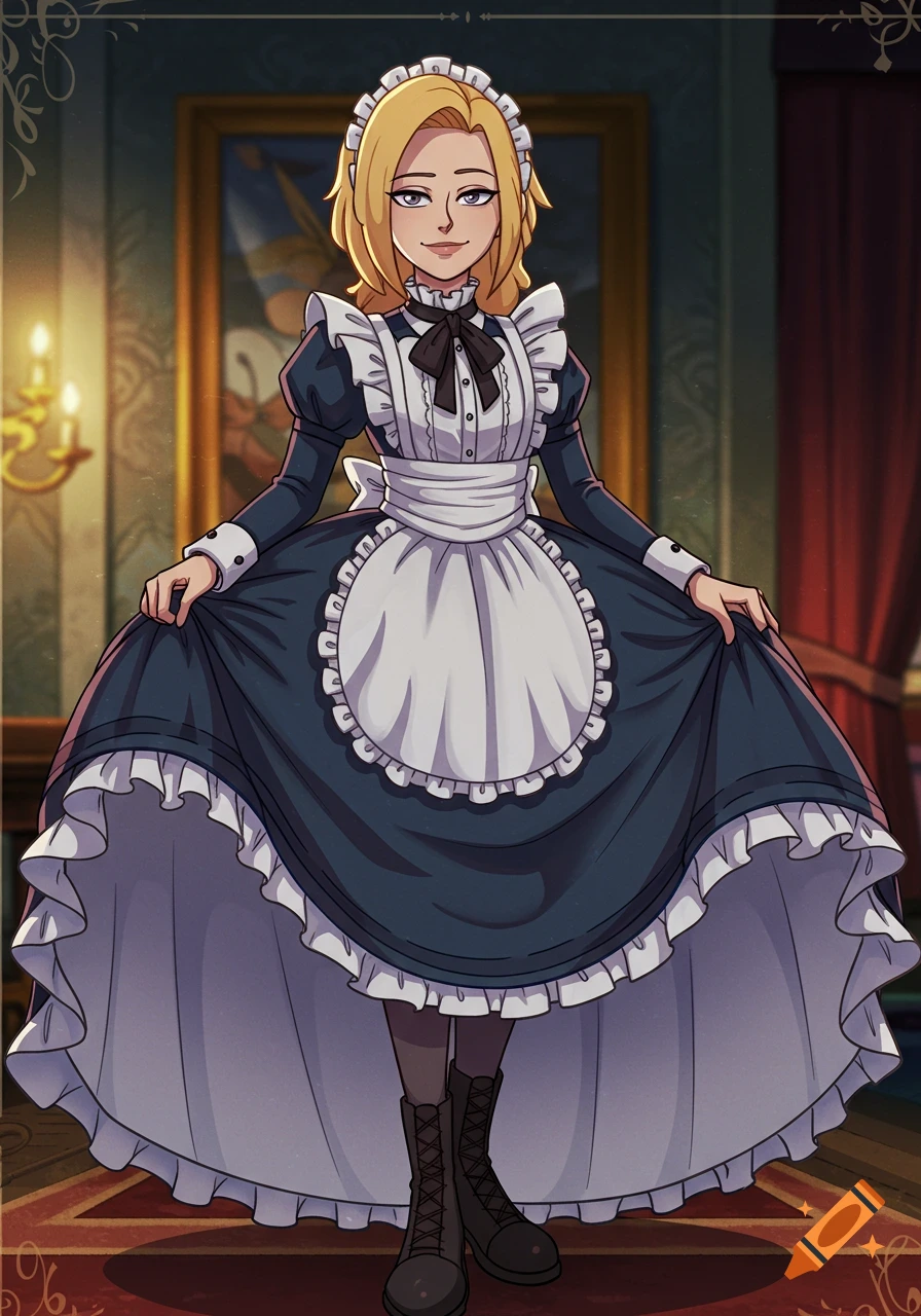 Anime-style blonde woman in a Victorian maid dress with a large skirt, standing in a room.