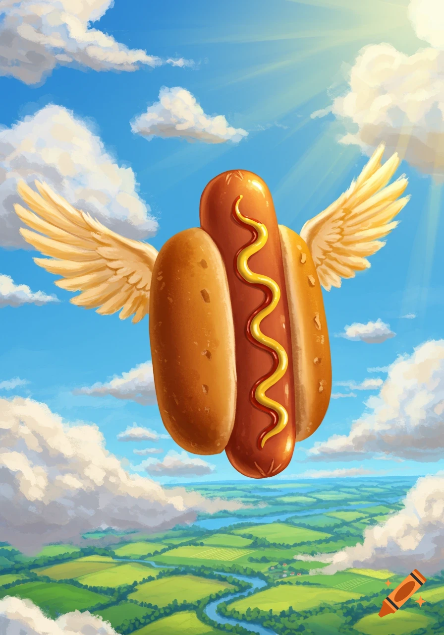 An illustrated hotdog with golden wings flies through a blue sky with clouds over a green, pastoral landscape.