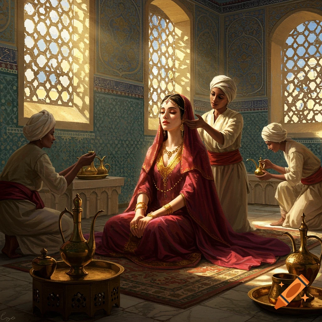A woman in a red and gold dress sits in a sunlit opulent room, attended by three people, in a painting style.