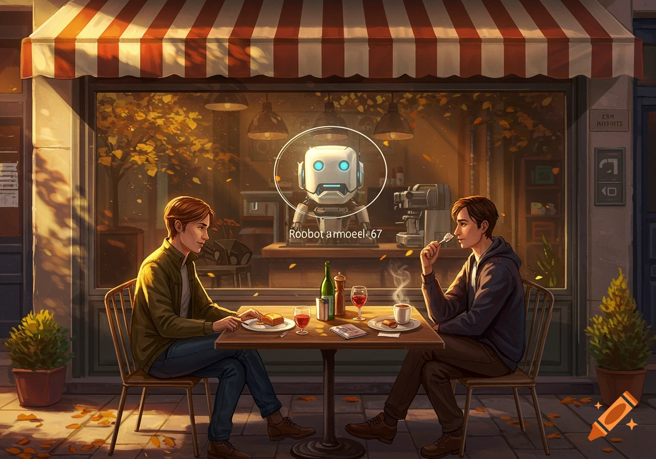 Two men lunch at an autumnal cafe, discussing a robot model hologram in the window, digital art.