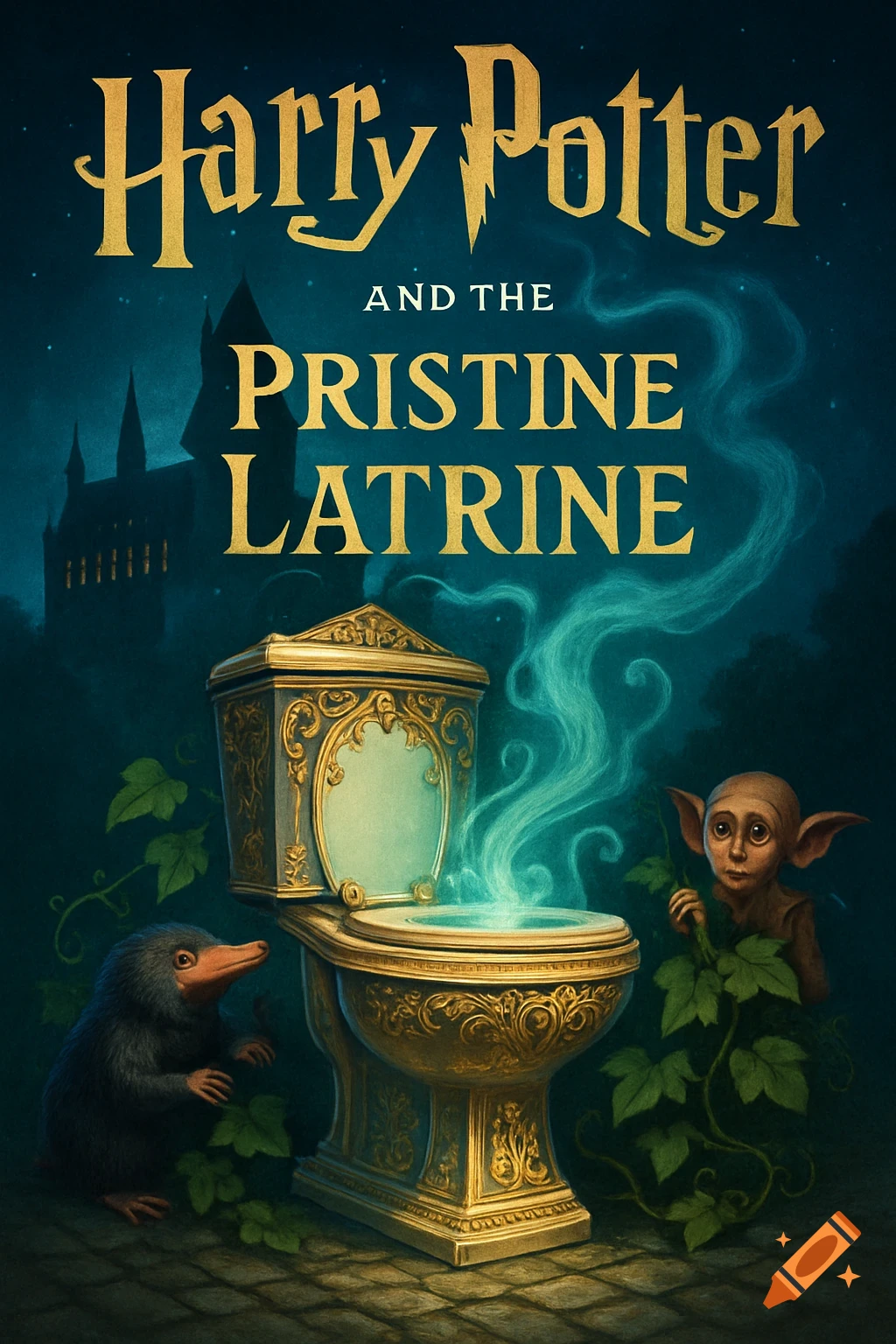 Book cover for "Harry Potter and the Pristine Latrine," showing an ornate golden toilet with glowing vapor, a Niffler, a house-elf-like creature, and Hogwarts castle in the background.