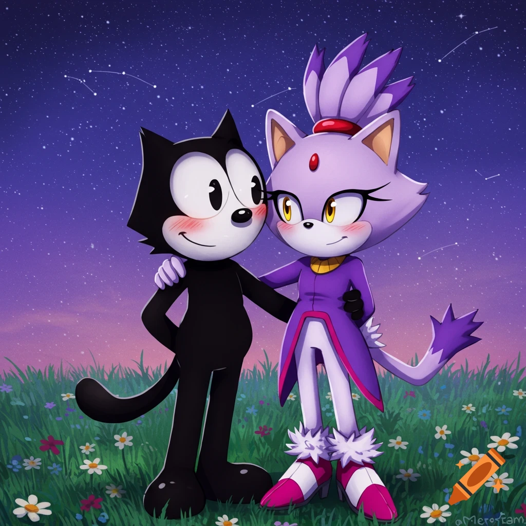 Felix the Cat and Blaze the Cat embracing in a starry field at night, cartoon style.