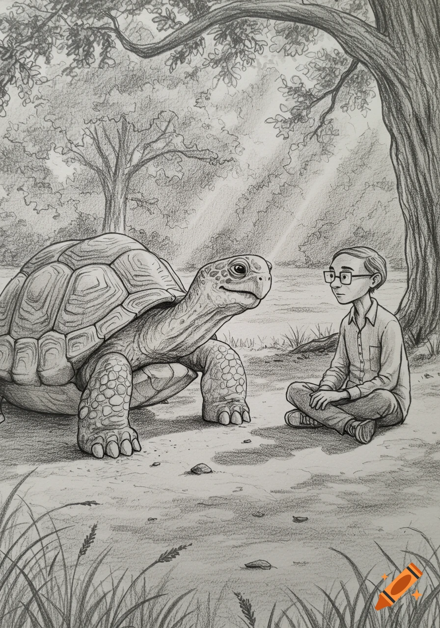 Pencil sketch of a man sitting cross-legged, looking at a large turtle in a forest clearing under a tree.