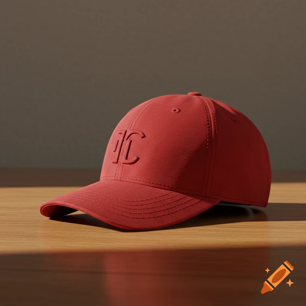 A red baseball cap with embossed initials "JC" on the front, sitting on a wooden table with sunlight shining on it.