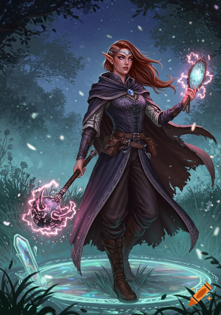 A fantasy half-elf thaumaturge in an enchanted forest, holding a glowing magical mace and a shimmering mirror, digital painting.