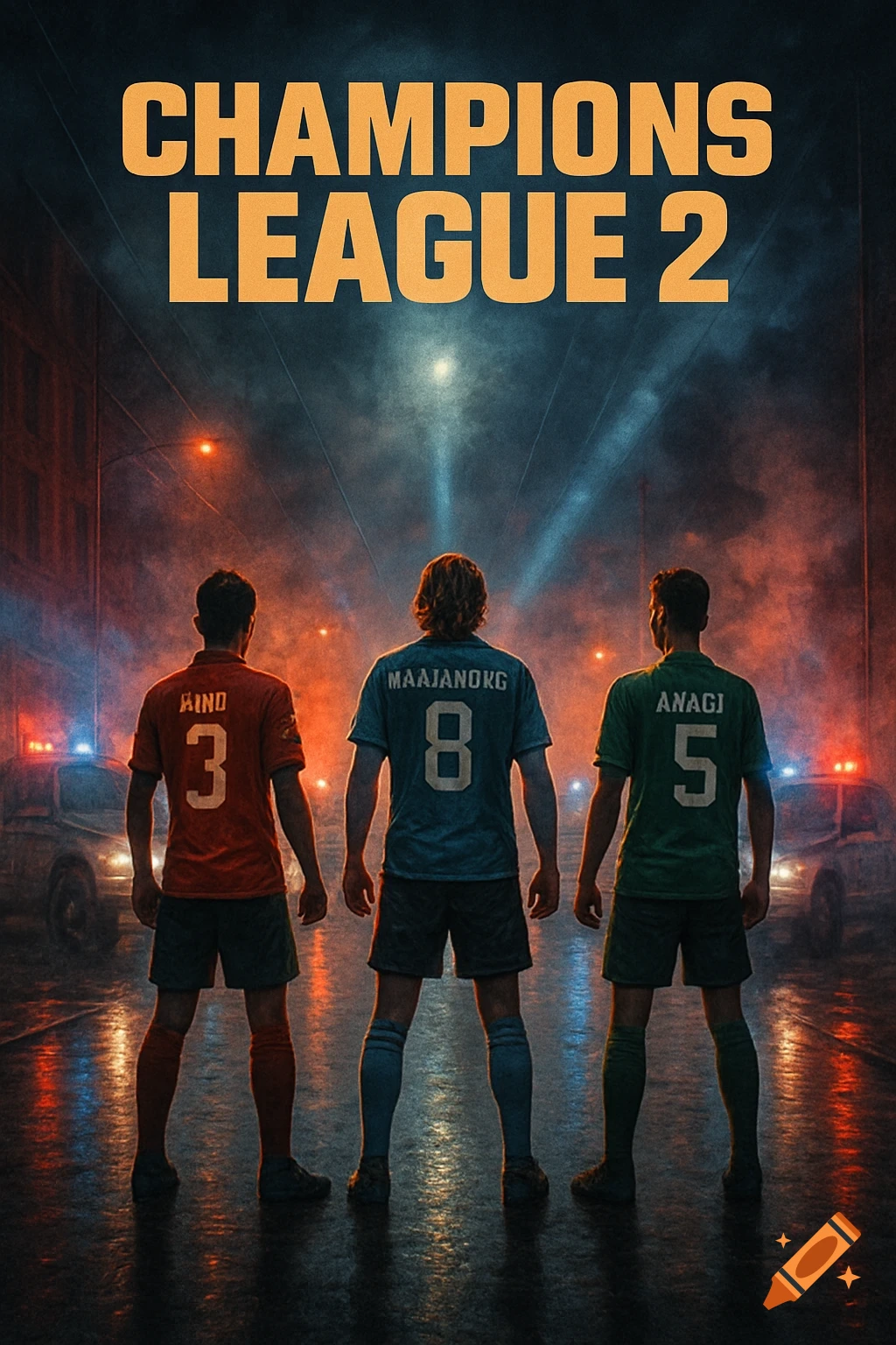 Three football players in jerseys stand with their backs to the camera, looking down a smoky, dramatically lit street with police cars. Text at the top reads "CHAMPIONS LEAGUE 2".