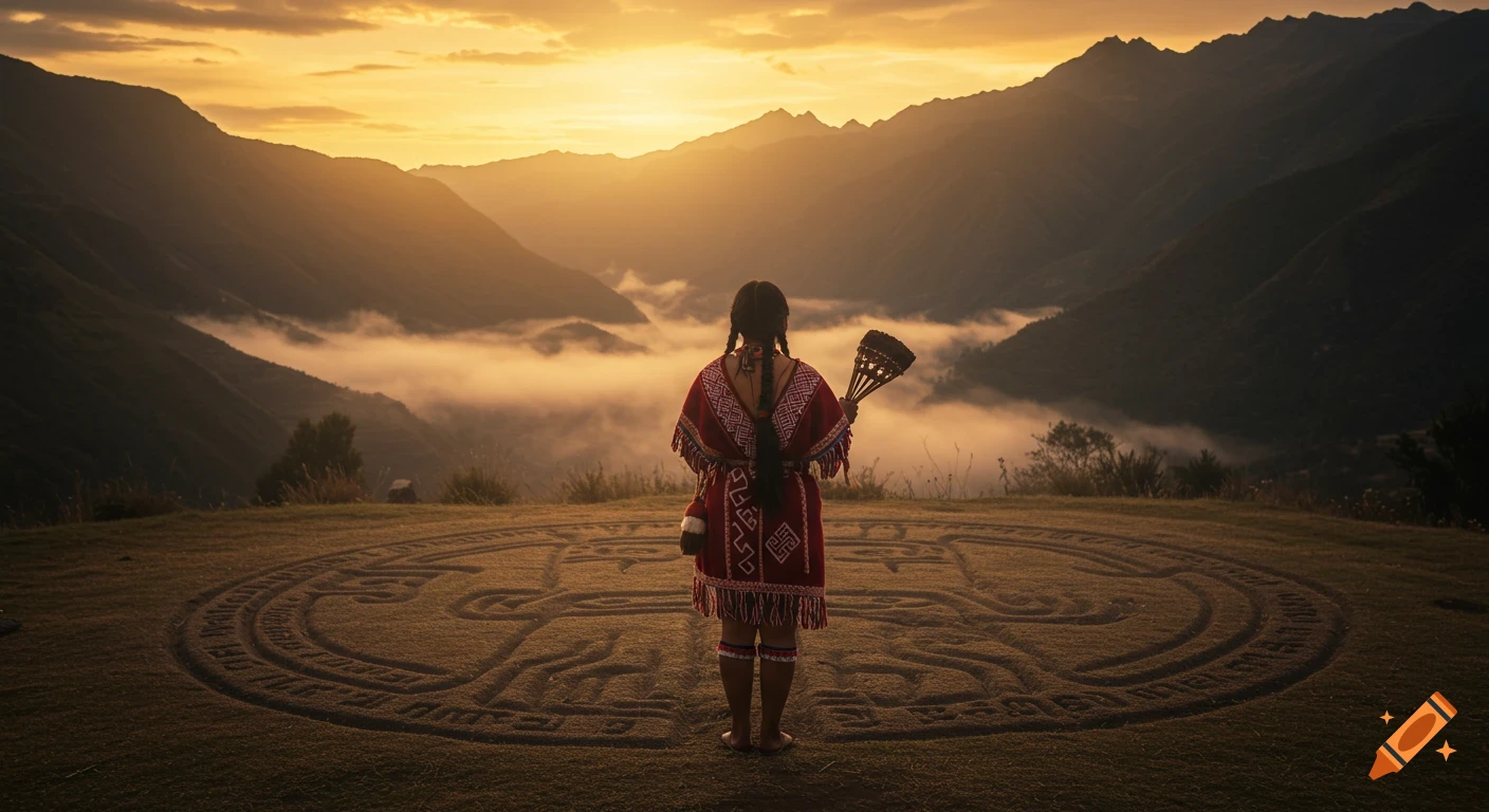 A serene indigenous woman, seen from behind, stands on a ritual symbol-etched ground, looking at a misty mountain sunset.