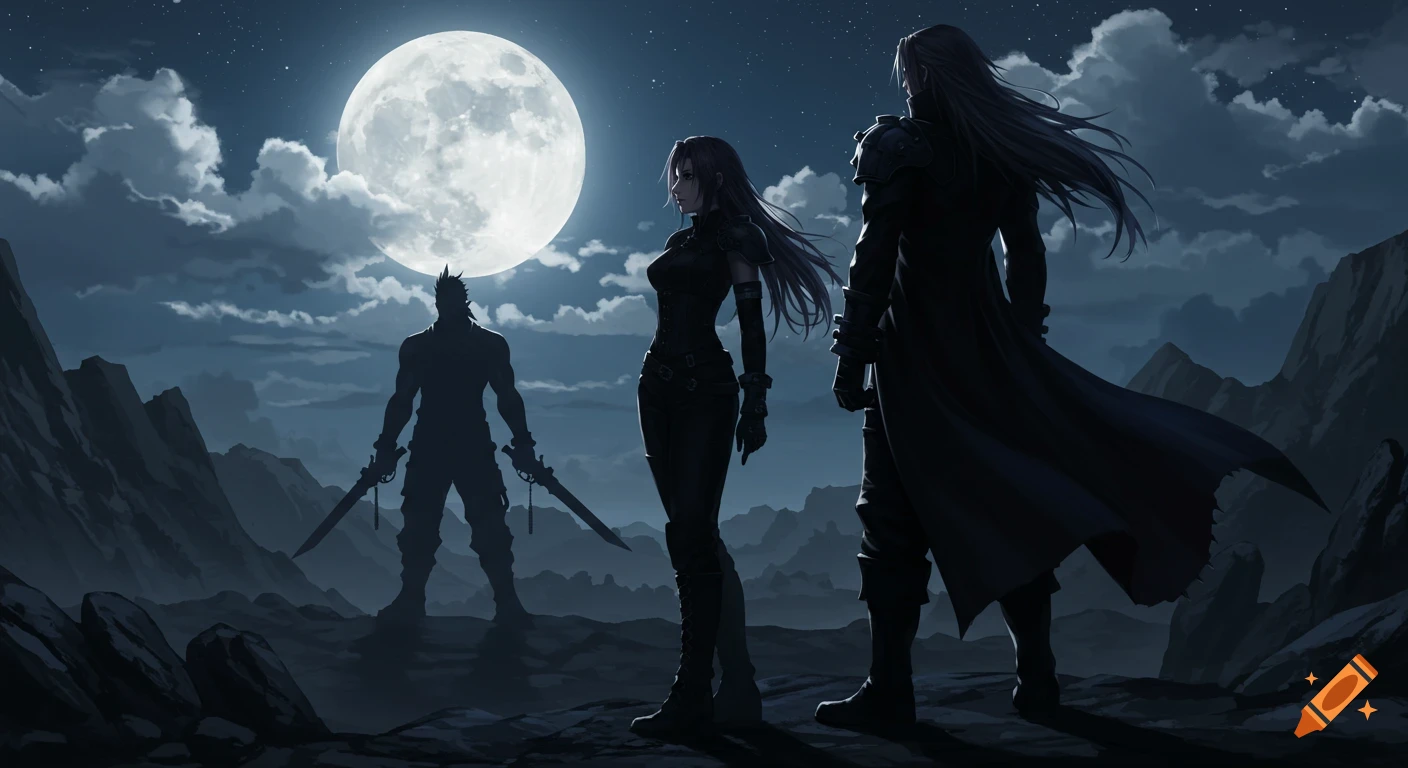 A stylized night scene with two figures in the foreground looking towards a distant silhouette in a rocky landscape under a full moon.