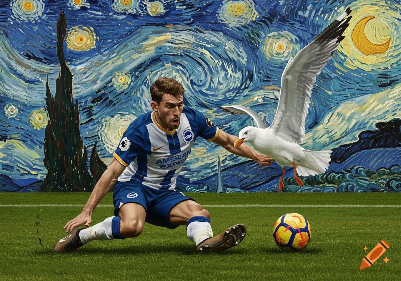 A Brighton football player in action on a green field, wrestling with a seagull, all against a vibrant, swirling Van Gogh style "Starry Night" sky.