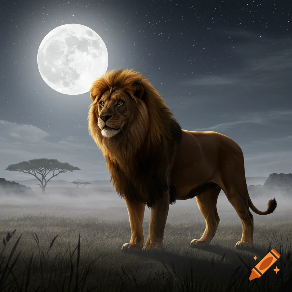 A majestic male lion stands in a misty savanna under a bright full moon and starry night sky, looking to the left.