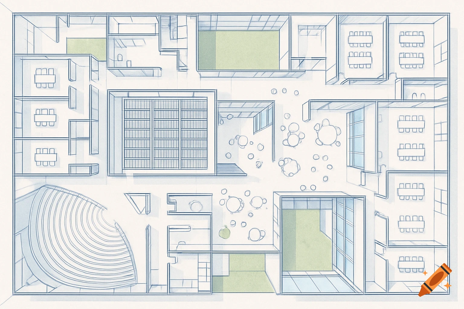 An overhead blueprint-style floor plan of a school, showing classrooms, a library, and an auditorium.
