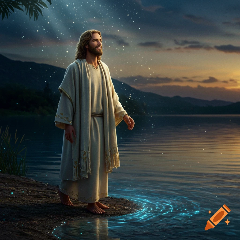 Realistic image of Jesus with long hair and beard in a cream robe, standing by a glowing lake at twilight under a starry sky.