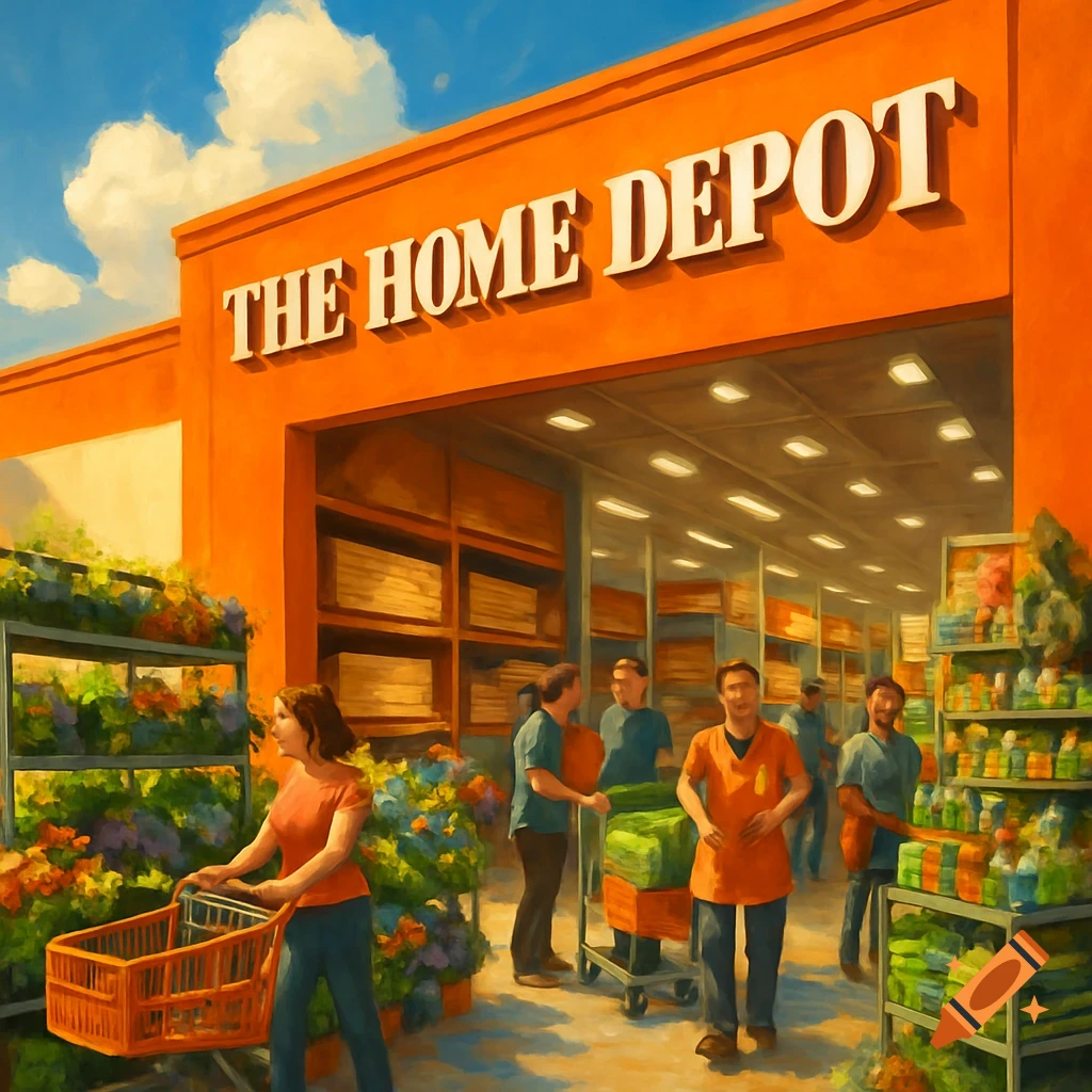 A brightly colored, painterly illustration of a Home Depot store entrance with people shopping outside.