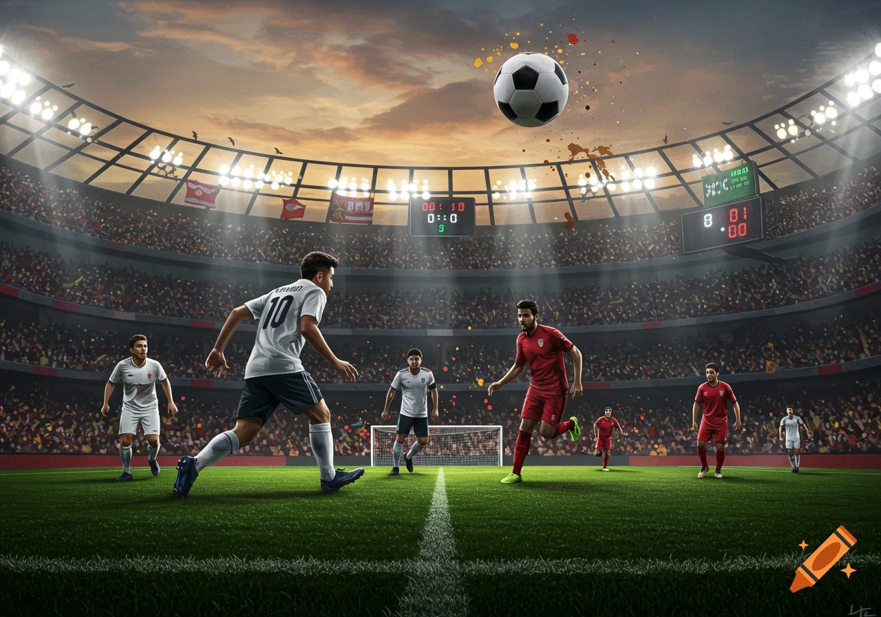 High-angle view of a vibrant soccer match in a stadium, with players in white and red jerseys, a ball mid-air, and a large crowd under a sunset sky.