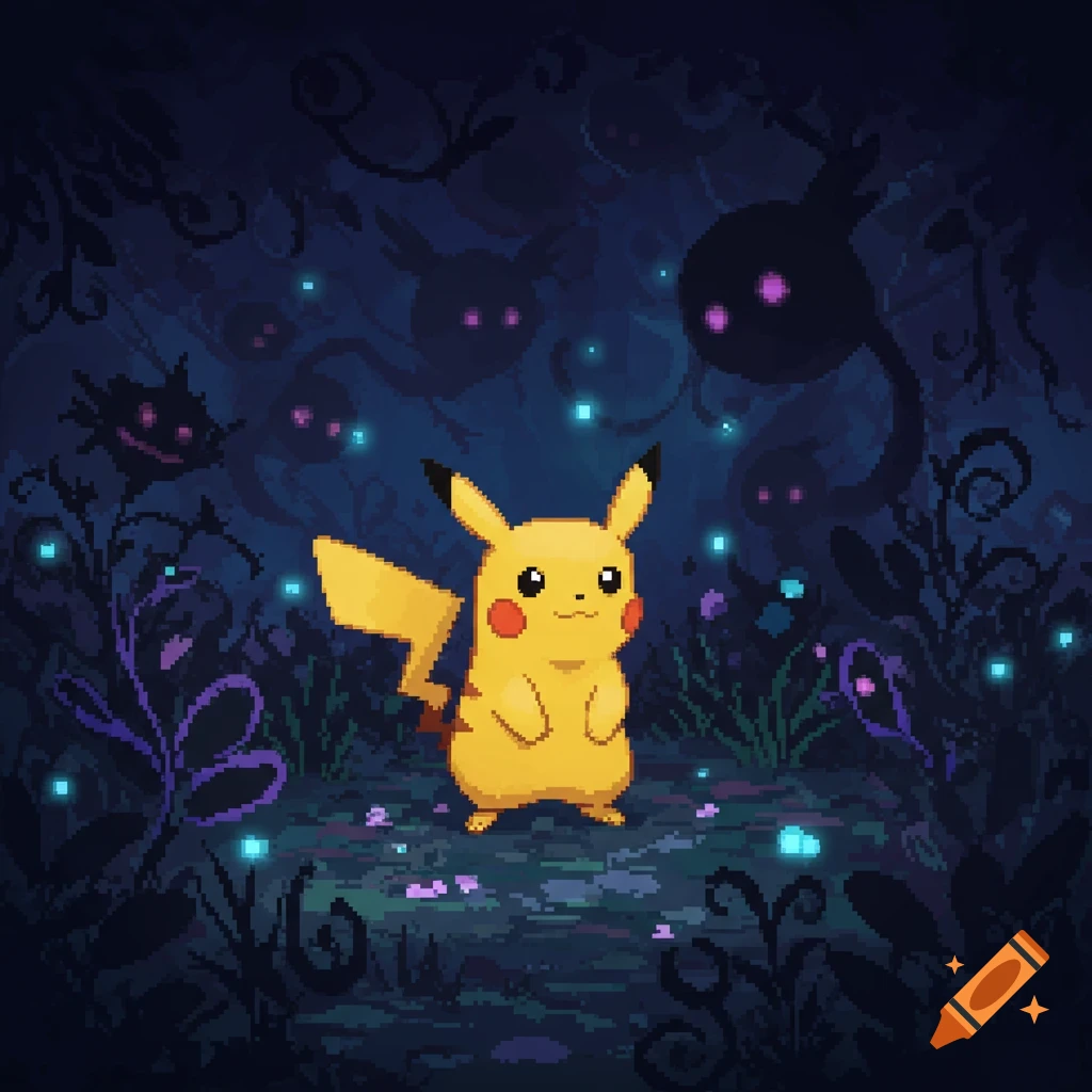 A pixel art depiction of Pikachu standing in a dark, mystical shadow garden surrounded by glowing light and eerie shadowy figures.