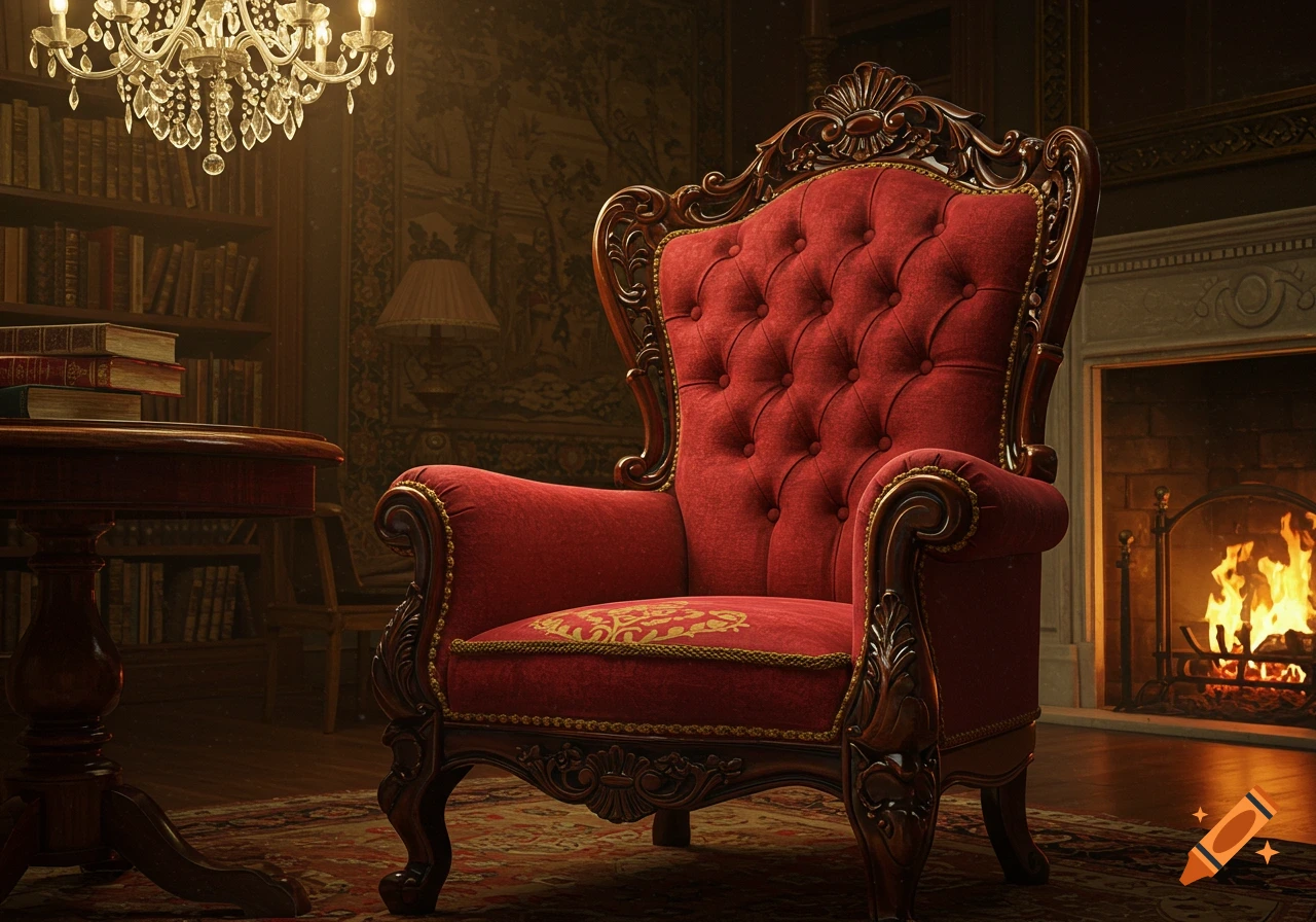 A luxurious red velvet antique armchair with carved wooden details sits by a fireplace in a dimly lit library.