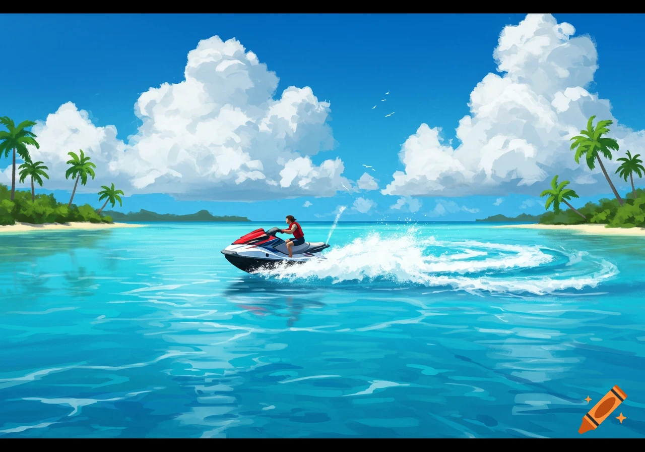 Person on a jet ski in clear blue tropical waters, with palm trees on a sunny beach and fluffy clouds in the sky, illustration.