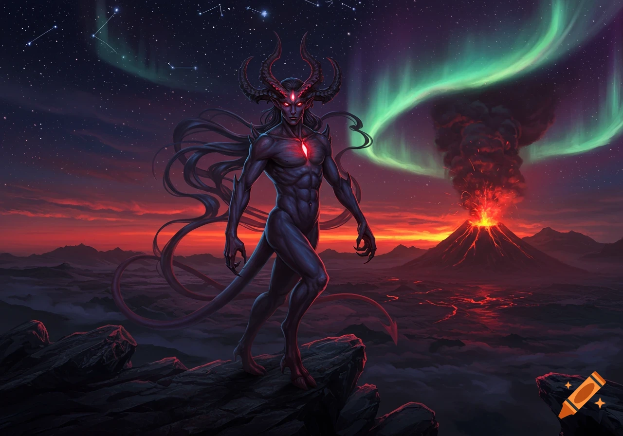 A horned demon with glowing red eyes and chest gem stands on rocks overlooking an erupting volcano, red sunset, and green aurora.