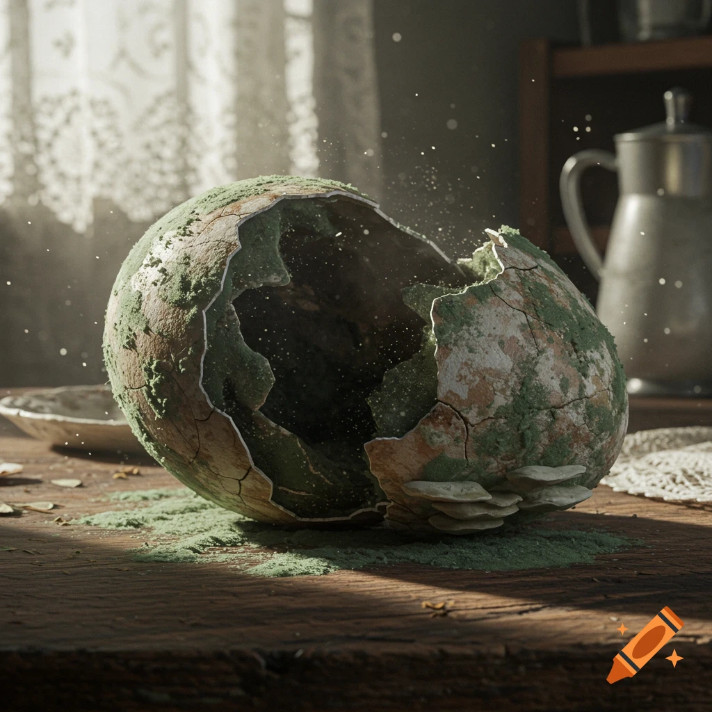A cracked, mouldy egg with green fungi and moss on a wooden table, illuminated by sunlight.